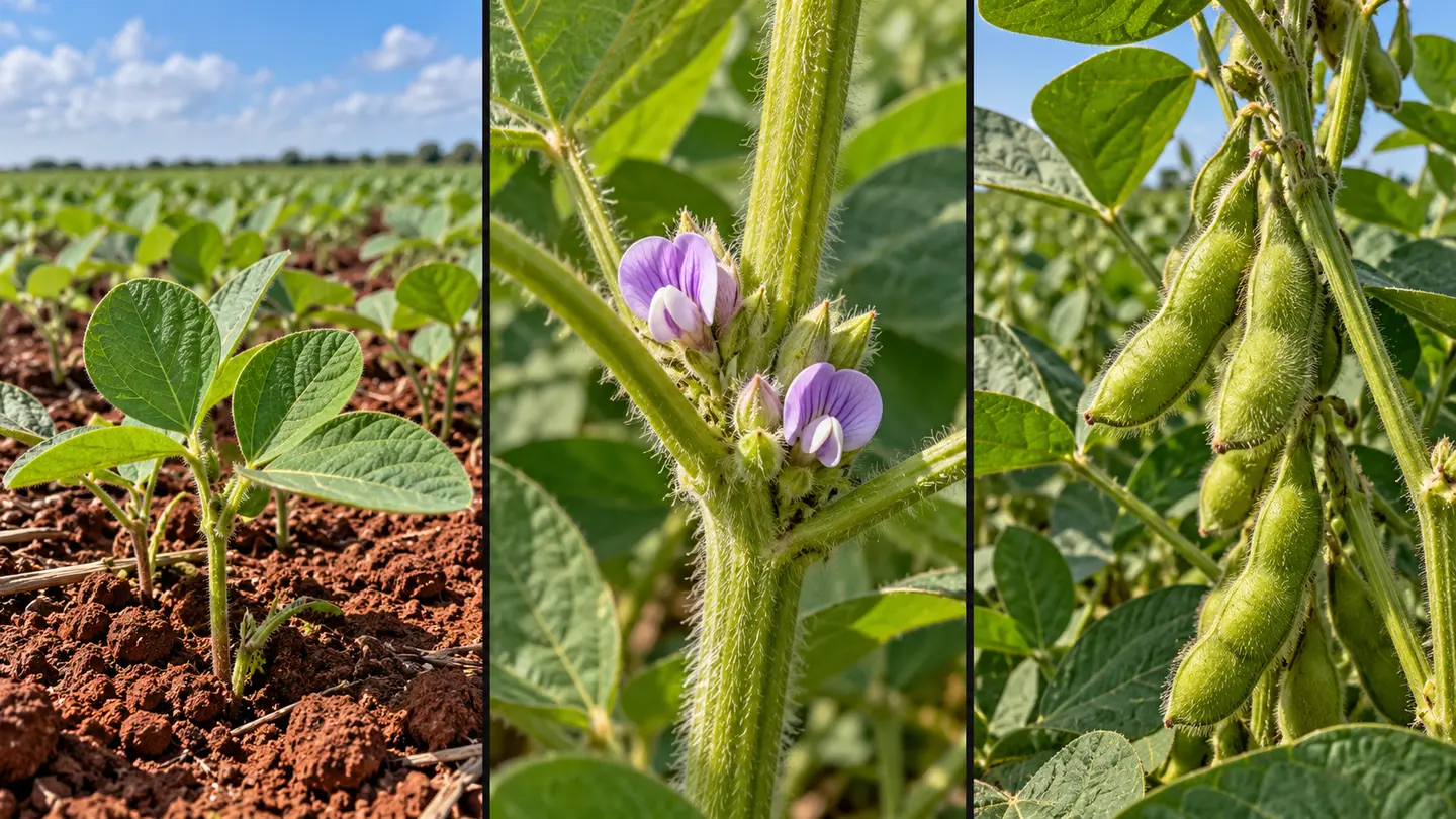 Montagem ilustrativa: planta jovem de soja, flores pequenas no caule e vagens verdes em formação.