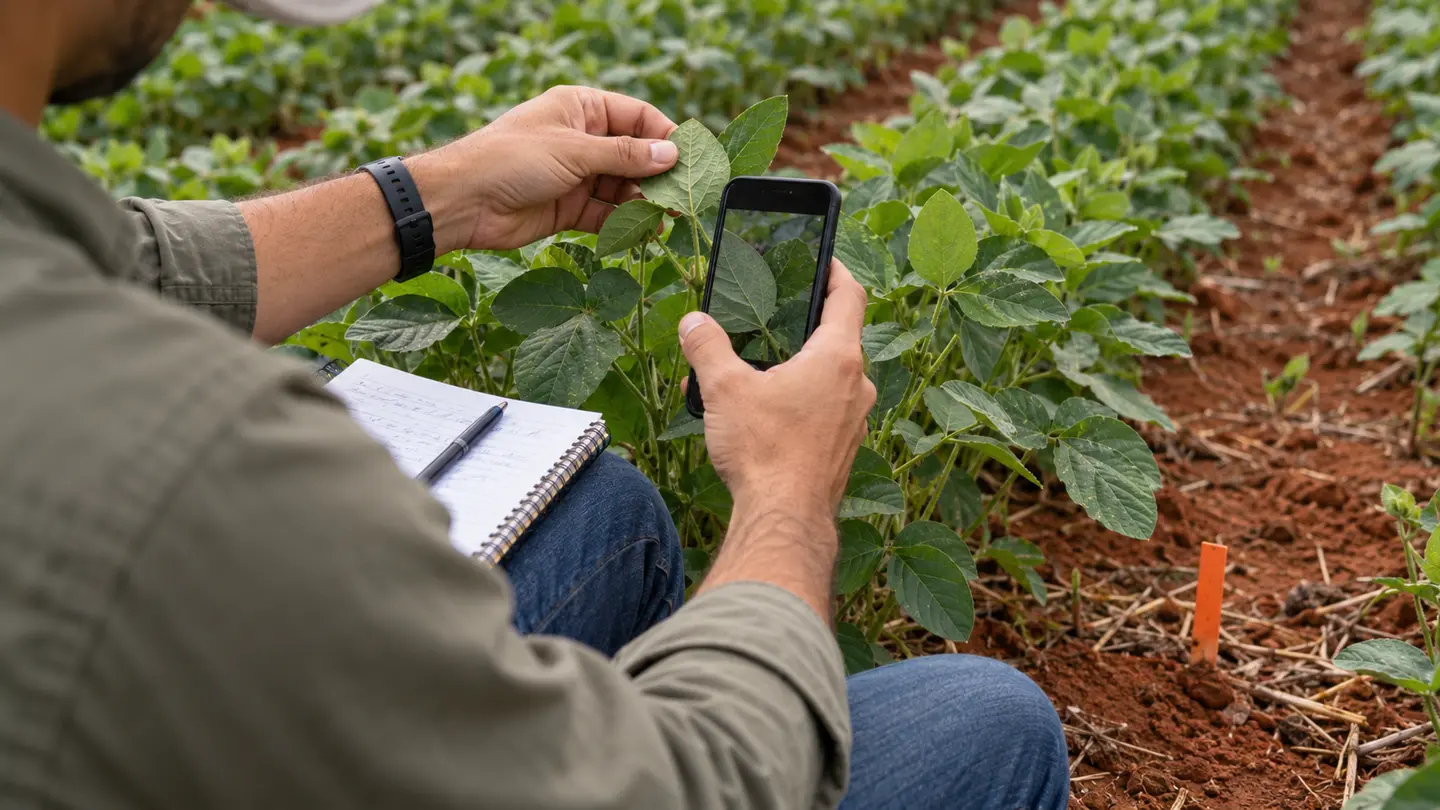 Cena ilustrativa de um agrônomo examinando uma folha de soja com celular e caderno, junto a um marcador de campo.