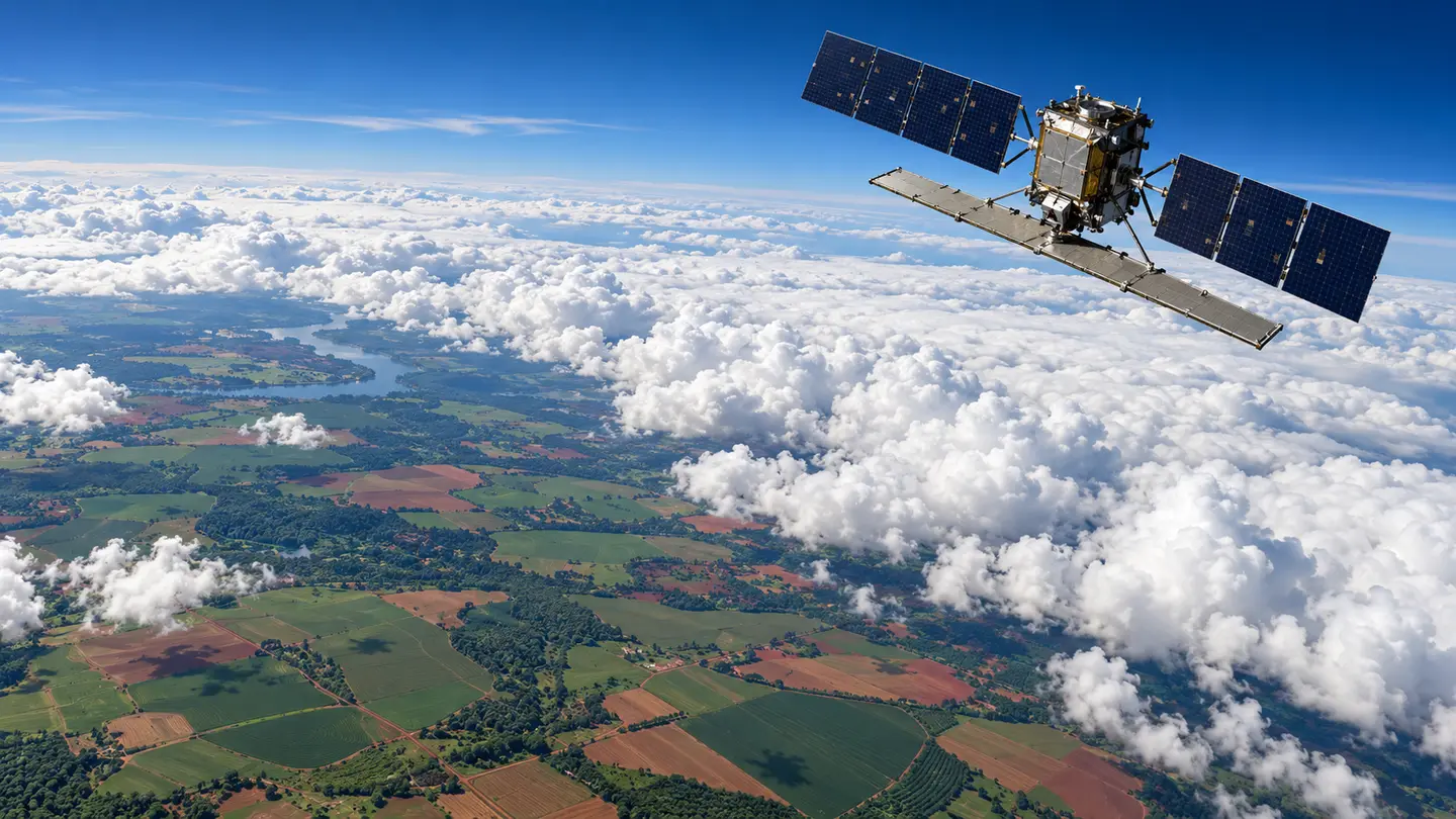 Composição ilustrativa de um satélite de observação acima das nuvens, com áreas agrícolas visíveis abaixo.