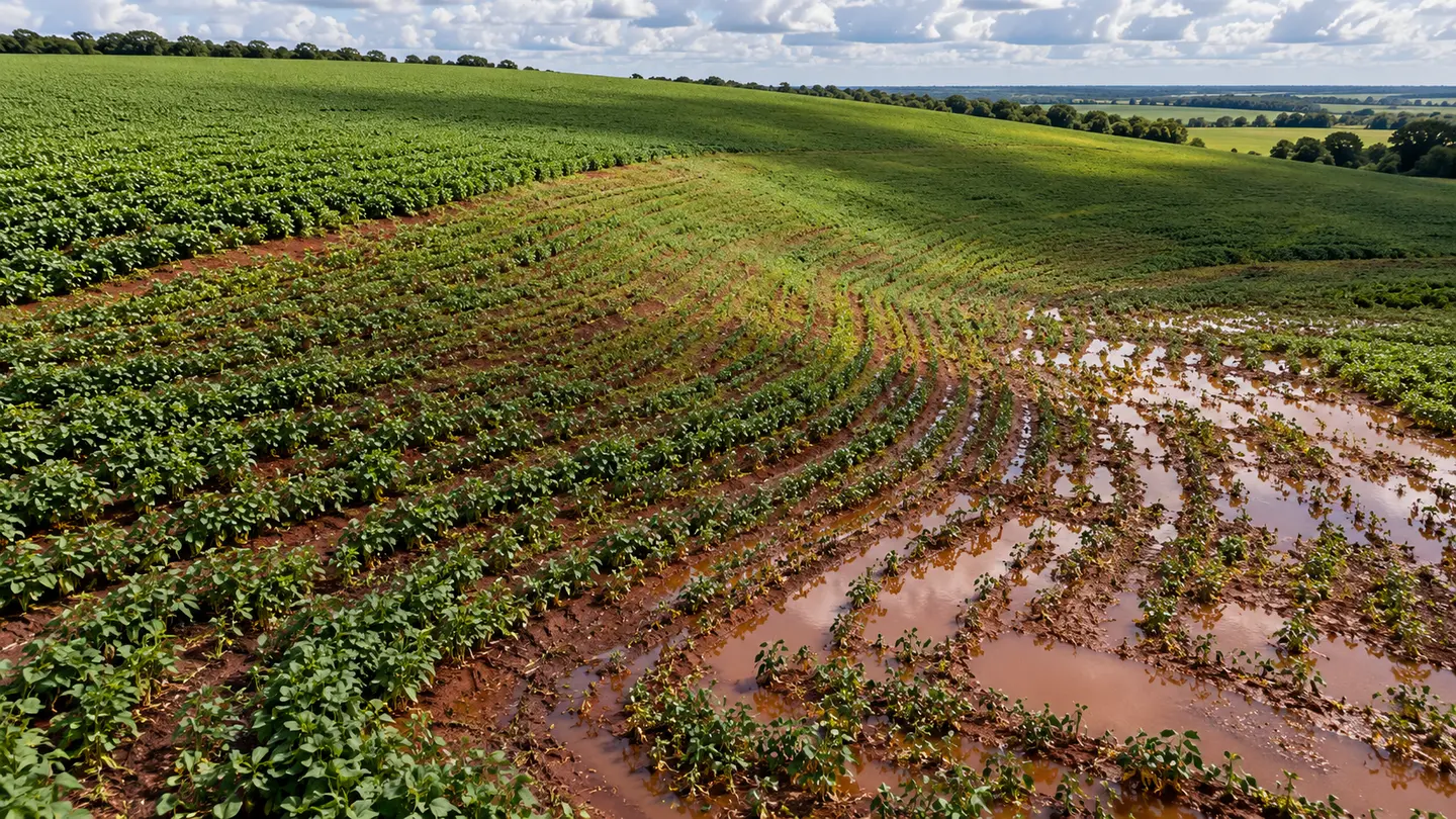 Cena ilustrativa de uma lavoura em relevo ondulado: parte alta verde à esquerda, encosta ao centro e água acumulada na baixada à direita.